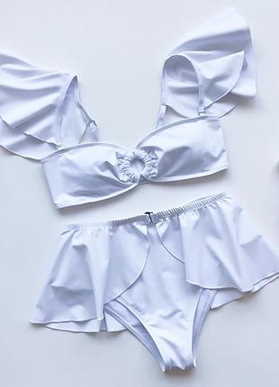 Белый набор комплект купальник тройка бандо с бретельками + высокие плавки + юбка3 фото