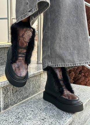 Эксклюзивные ботинки высокие лоферы из натуральной итальянской кожи и замши женские с норкой10 фото