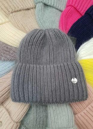 Теплая зимняя женская шапка в рубчик с отворотом на флисе ангора супер качество ангоровая