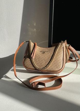 Брендовая женская сумка michael kors jet set charm small logo pochette beige/brown