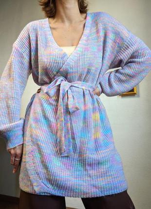Кардиган на запах кофта цветная фиолетовый кимоно туника радуга акрил