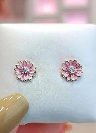 Срібні сережки-пусети пандора рожеві ромашки #288773c01 оригінал