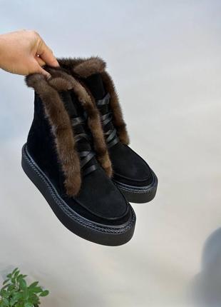 Черные замшевые ботинки с опушением с натуральным мехом норки5 фото