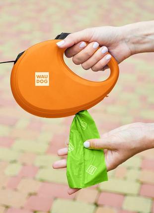 Поводок-рулетка для собак waudog r-leash, с контейнером для пакетов, размер s, до 12 кг, 3 м, оранж