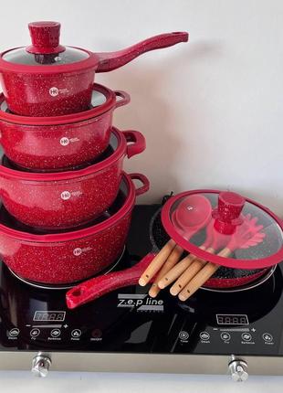 Набор круглих кастрюль + силиконовые принадлежности higher kitchen нк-316 (красный, черный)3 фото