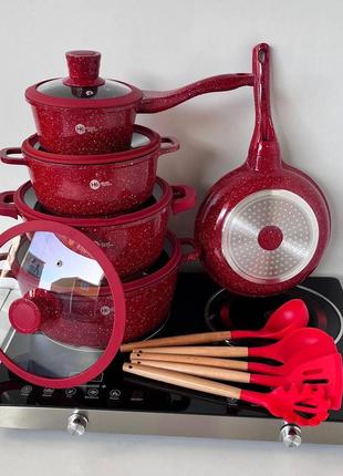 Набор круглих кастрюль + силиконовые принадлежности higher kitchen нк-316 (красный, черный)2 фото