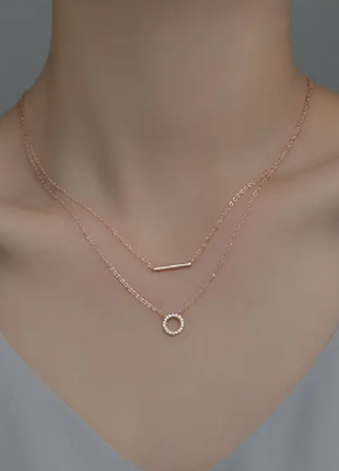Двойная цепочка серебряная с кругом из фианитов и палочкой, родий или розовая позолота2 фото