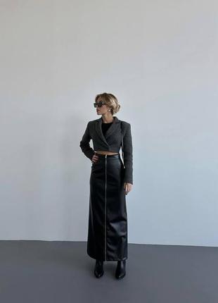 Кожаная юбка миди длинная юбка с молнией макси искусственная эко кожа черная стильная трендовая6 фото