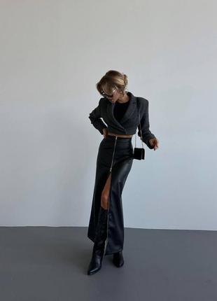 Кожаная юбка миди длинная юбка с молнией макси искусственная эко кожа черная стильная трендовая10 фото