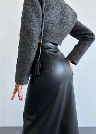 Кожаная юбка миди длинная юбка с молнией макси искусственная эко кожа черная стильная трендовая3 фото