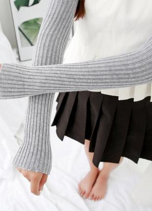 Сірі мітенки кашемірові довгі 6129 світло-сірі митенки в рубчик рукава довгі теплі