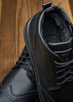 Стильні класичні чорні чоловічі черевики,напівчеревики/туфлі зимові шкіряні з хутром на зиму