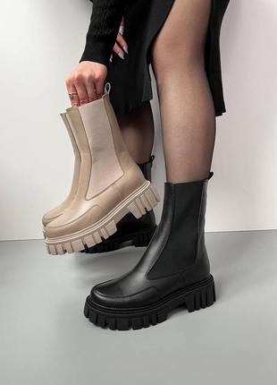 Женские зимние челси ботинки высокие с мехом бежево-черные сапоги теплые ботинки кожаные 36-409 фото