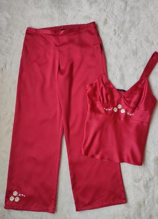 Красная атласная шелковая пижама комплект для сна со штанами майка топ цветочной