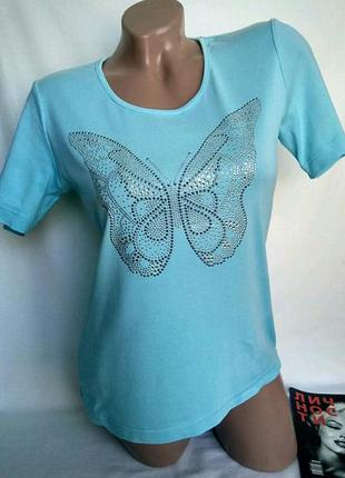 Трикотажноя футболка,голубого цвета, принт из термо-страз р. s - m ,от gerry weber