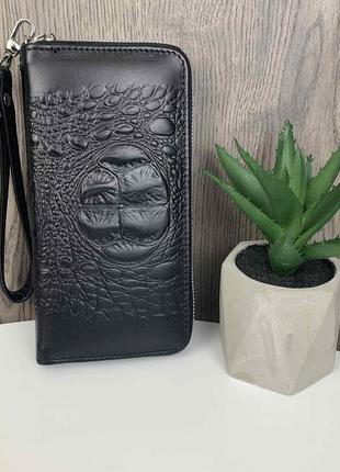 Большой мужской клатч кошелек из натуральной кожи под рептилию, рельефный портмоне для мужчин кожаный черный4 фото