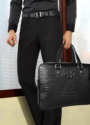 Чоловічий шкіряний діловий портфель для документів чорний рептилія | чоловіча сумка з натуральної шкіри8 фото