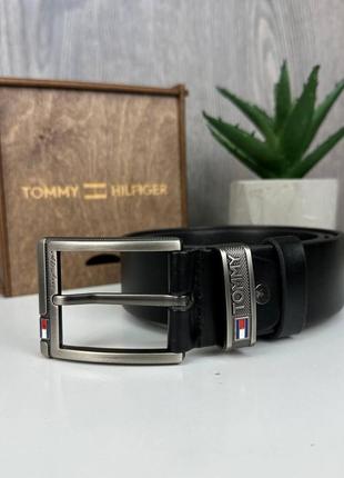 Чоловічий шкіряний ремінь чорний класичний в стилі tommy hilfiger, пояс з натуральної шкіри томмі хілфігер