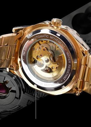 Чоловічий механічний наручний годинник winner skeleton з відкритим механізмом, годинник скелетон золотистий люкс5 фото