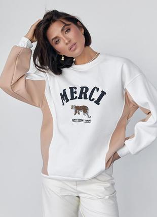 Світшот жіночий молочний утеплений з написом merci m