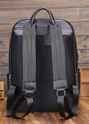 Кожаный городской мужской рюкзак с тиснением в клетку черный большой ранец из натуральной кожи качественный7 фото