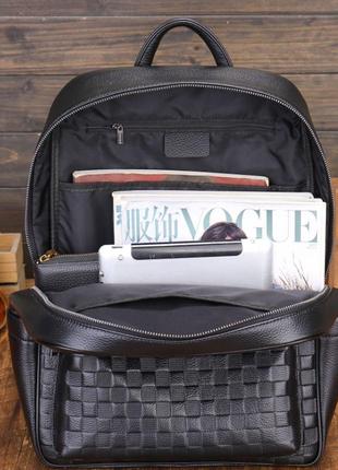 Кожаный городской мужской рюкзак с тиснением в клетку черный большой ранец из натуральной кожи качественный2 фото