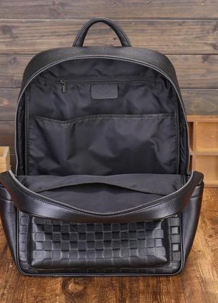 Кожаный городской мужской рюкзак с тиснением в клетку черный большой ранец из натуральной кожи качественный3 фото