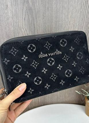 Замшевая женская мини сумочка клатч с тиснением черная lv, сумка для девушек из натуральной замши