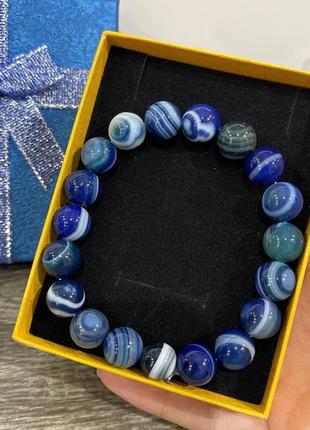 Браслет из натурального камня глазковый синий агат гладкие шарики размер 10 мм - оригинальный подарок девушке2 фото