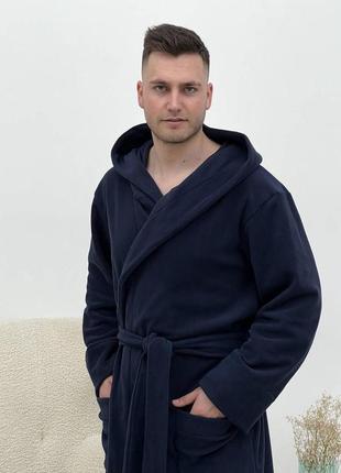 Чоловічий флісовий халат cosy з капюшоном синій5 фото