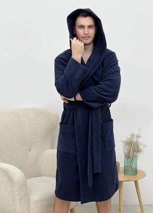 Чоловічий флісовий халат cosy з капюшоном синій4 фото