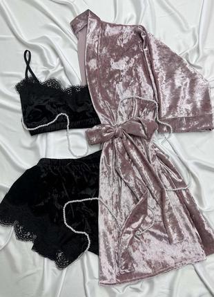 Велюрова яскрава піжама з мереживом топ і шорти, піжами жіночі однотонні7 фото