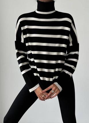Свитер теплый оверсайз объемной теплый разрезы в&возданный плетение базовый рукав клеш длинный удлиненный полоска гольф воротник клеш оверсайз2 фото