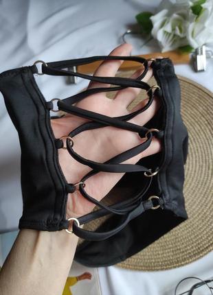 Стильний чорний купальник роздільний ліф бюстик та високі плавки зі шнурівкою чорні трусики8 фото