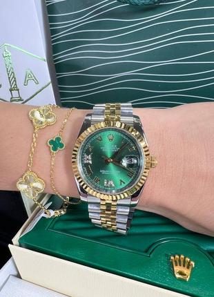 Часы наручные женские зелёные брендовые с камнями в стиле rolex2 фото
