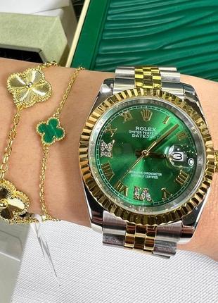 Часы наручные женские зелёные брендовые с камнями в стиле rolex1 фото