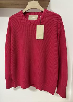 Натуральный малиновый теплый коттоновый вязаный светер jjxx