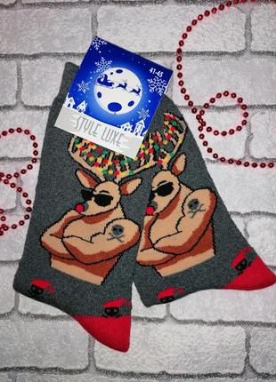 Теплые мужские махровые носки с новогодним рисунком "олень", разные цвета 41-45