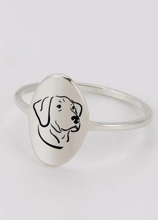 Тренд кольцо стальное овальное серебристое с собакой лабрадором стаффом кольца пес3 фото