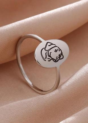 Тренд кольцо стальное овальное серебристое с собакой лабрадором стаффом кольца пес2 фото