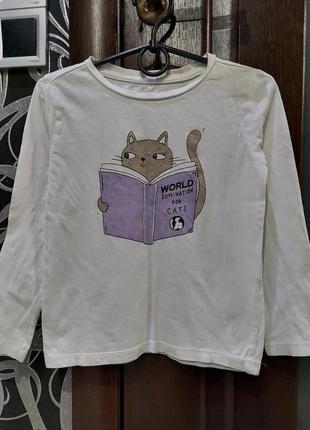 Кофта, лонгслив с котиком от reserved белая 5-6 лет