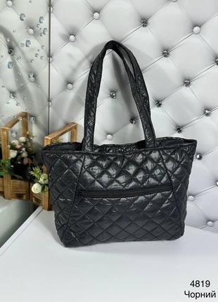 Велика жіноча сумка шопер тканинна плащовка стьобана чорна1 фото