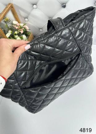 Велика жіноча сумка шопер тканинна плащовка стьобана чорна3 фото