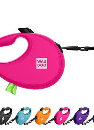 Повідець-рулетка для собак waudog r-leash, з контейнером для пакетів, розмір s, до 12 кг, 3 м, рожева