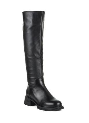 Сапоги женские зимние черные кожаные на толстом среднем устойчивом каблуке,с круглим носком,высокие 1703ц