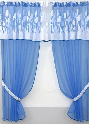 Легка та якісна фіранка на кухню (300х170см) з ламбрекеном. колір блакитний з білим