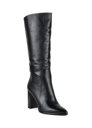 Сапоги женские зимние черные кожаные на толстом среднем устойчивом каблуке,с острим носком  1173цп
