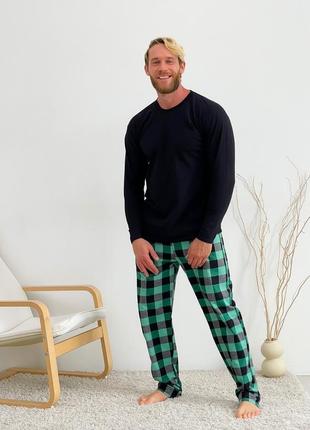 Домашня піжама для чоловіків cosy із фланелі (штани+лонгслів) зелено/чорний6 фото