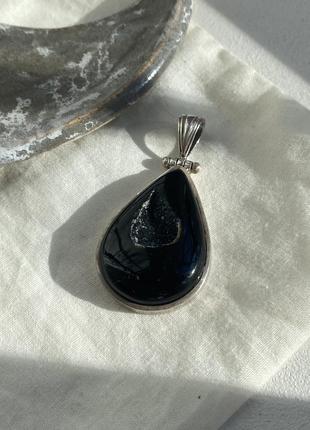 Срібний кулон чорний з друзою кристал у формі каплі