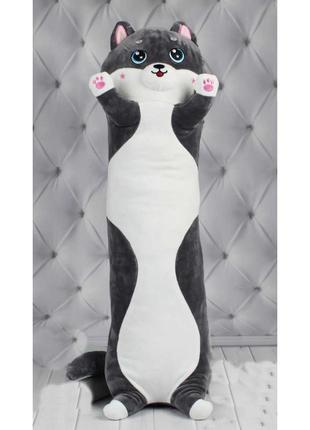 Мягкая игрушка подушка обнимашка длинный серый кот батон антистресс 60 см